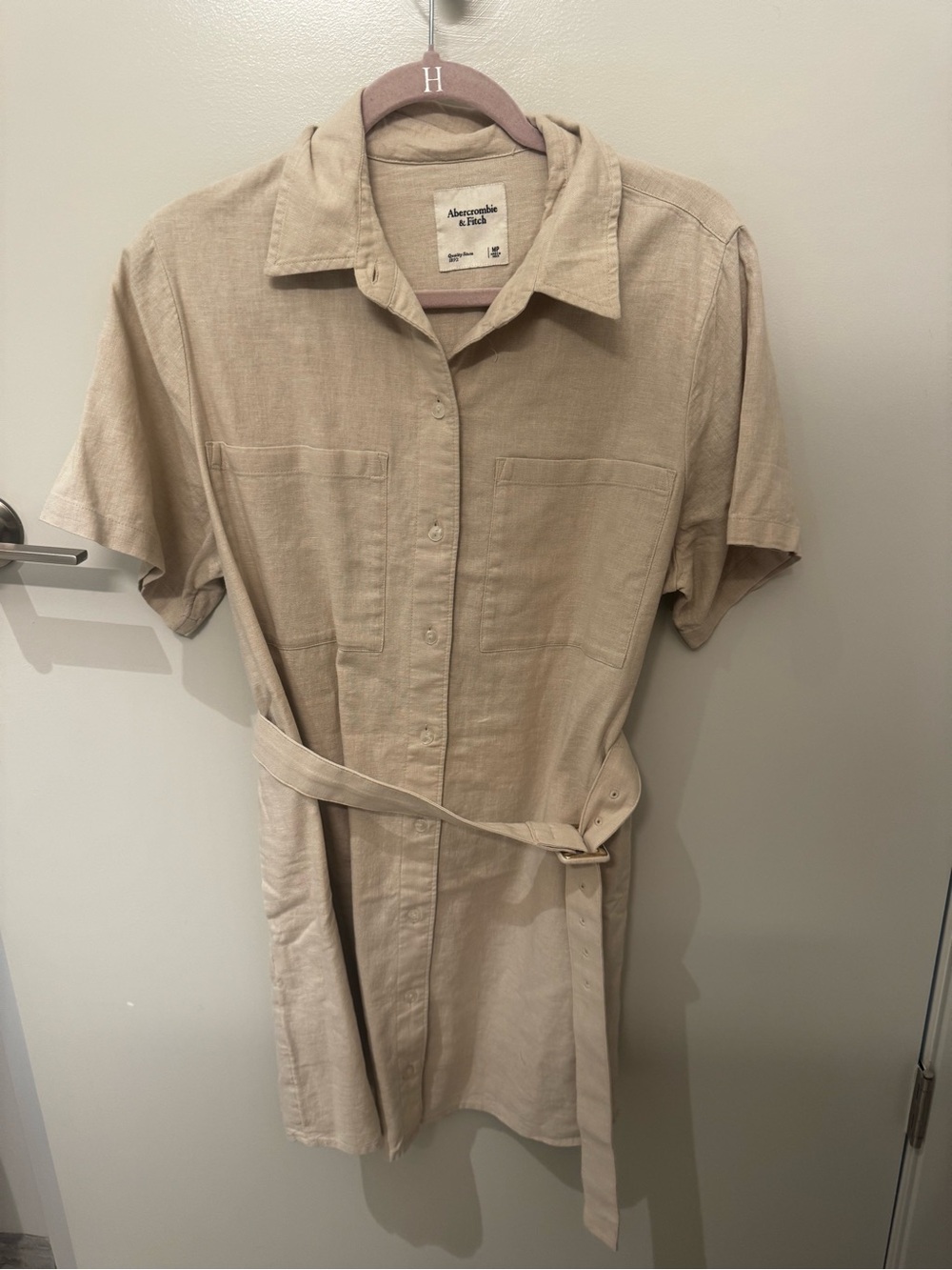 Abercrombie & Fitch Short Sleeve Belted Shirt Dress — Beige